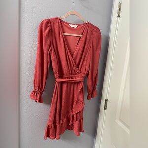 LC Lauren Conrad Coral Wrap Midi Dress with Ruffle Hem